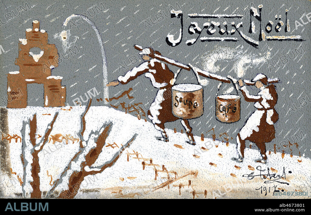 Joyeux Noel (Popilus apportant le ravitaillement : la soupe et le cafe). Illustration originale pour une carte postale de 1917. Credit : IM/Kharbine-Tapabor.