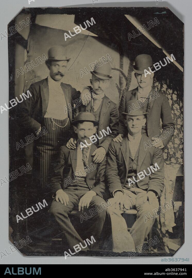 [Five Members of the Wild Bunch?]. Artist: Unknown. Dimensions: Image: 8.4 x 6.2 cm (3 5/16 x 2 7/16 in.). Date: ca. 1892.
The Wild Bunch was the largest and most notorious band of outlaws in the American West. Led by two gunmen better known by their aliases, Butch Cassidy (Robert LeRoy Parker) and Kid Curry (Harvey Logan), the Wild Bunch was an informal trust of thieves and rustlers that preyed upon stagecoaches, small banks, and especially railroads from the late 1880s to the first decade of the twentieth century.
This crudely constructed tintype portrait of five members of the gang dressed in bowler hats and city clothes shows, clockwise, from the top left, Kid Curry, Bill McCarty, Bill (Tod) Carver, Ben Kilpatrick, and Tom O'Day. Without their six shooters and cowboy hats the outlaws appear quite civilized and could easily be mistaken for the sheriffs and Pinkerton agents who pursued them in a "Wild West" already much tamed by the probable date of this photograph. Gone was the open range--instead, homesteads and farms dotted the landscape and barbed-wire fences frustrated the cattleman's drive to market. Gone too was the anonymity associated with distance, as the camera and the telegraph conspired to identify criminals. Bank and train robbery were still lucrative, but the outlaw's chances for escape gradually shifted in favor of the sheriff's chances for arrest and conviction.
By 1903 the Wild Bunch had disbanded. A few members of the gang followed Butch Cassidy to South America, while the majority remained in the West, trying to avoid capture. McCarty was shot dead in 1893, in a street in Delta, Colorado, after a bank robbery; Carver died in prison; Kilpatrick was killed during a train robbery in 1912; Tom O'Day was captured by a Casper, Wyoming, sheriff in 1903; and Kid Curry died either by his own hand in Parachute, Colorado, in 1904, or, as legend has it, lived until he was killed by a wild mule in South America in 1909.
The photograph comes from the collection of Camillus S. Fly, a pioneer photographer in Tombstone, Arizona, in the 1880s and sheriff of Cochise County in the 1890s.