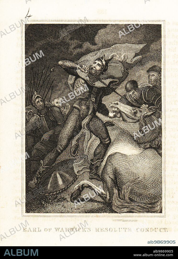 Richard Neville, 16th Earl of Warwick, fighting bravely at the Battle of St Albans, 1455. Earl of Warwick's resolute conduct. Copperplate engraving from M. A. Jones History of England from Julius Caesar to George IV, G. Virtue, 26 Ivy Lane, London, 1836.