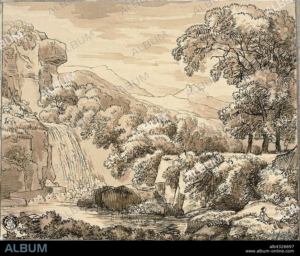 Mountain Landscape with Waterfall and Figures, n.d., Carl August Lebschée, German, 1800-1877, Germany, Pen and black ink and brush and brown wash, over graphite, on cream laid paper, tipped onto ivory laid paper, 149 x 184 mm.