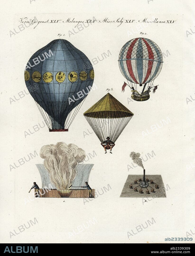 Etienne and Joseph Montgolfier's hot-air balloon 1, and brazier a, Professor Jacques Charles's balloon and gondola 2, hydrogen-gas mechanism b, and Jean-Pierre Blanchard with his parachute 3. Handcoloured copperplate engraving from Friedrich Johann Bertuch's Bilderbuch fur Kinder (Picture Book for Children), Weimar, 1802.