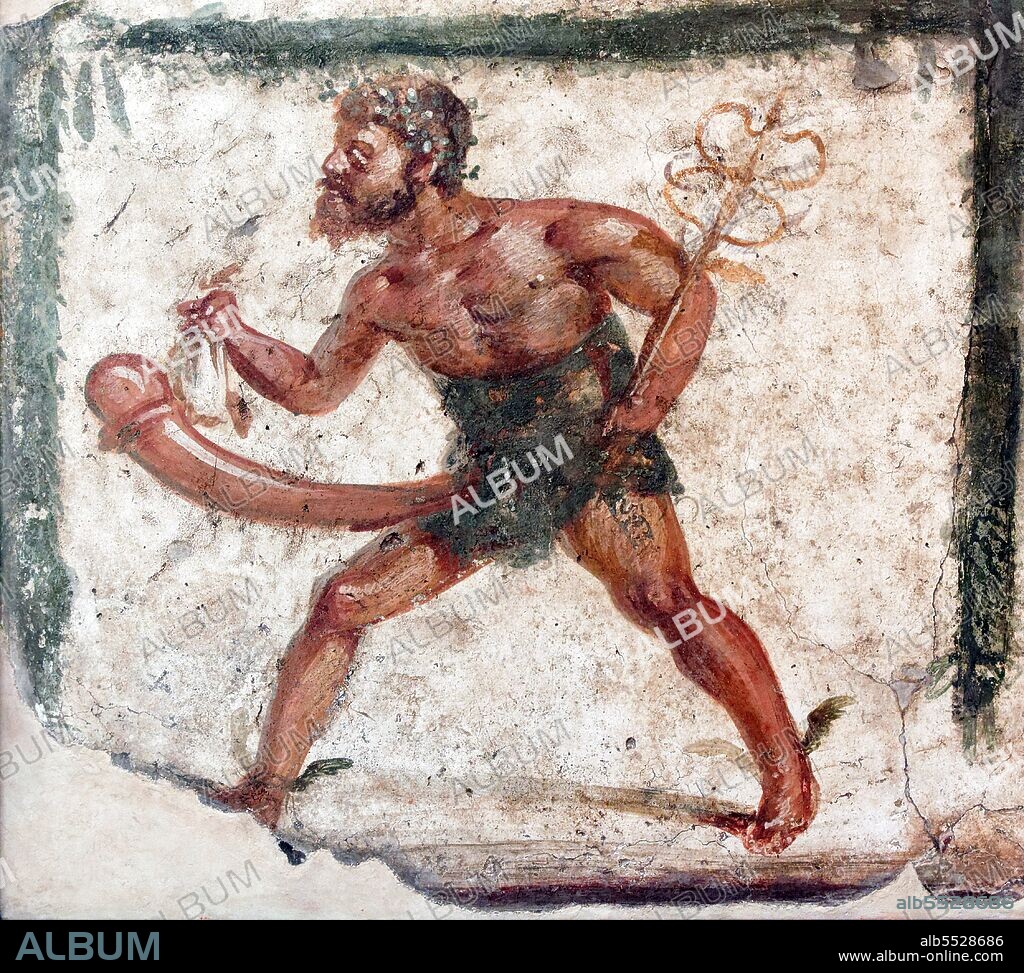 In Greek mythology, Priapus was a minor rustic fertility god, protector of livestock, fruit plants, gardens and male genitalia. Priapus is marked by his oversized, permanent erection, which gave rise to the medical term priapism. He became a popular figure in Roman erotic art and Latin literature, and is the subject of the often humorously obscene collection of verse called the Priapeia. In this fresco the 'Priapus with Caduceus' or 'Priapus-Mercury' is a male figure with the beard and giant erect phallus of Priapus walking away with the caduceus and winged sandals of Mercury (apparently the humour was to see Priapus thieving from the god of thieves, but both are gods of fertility and abundance). Museo Archeologico Nazionale, Naples, Italia.