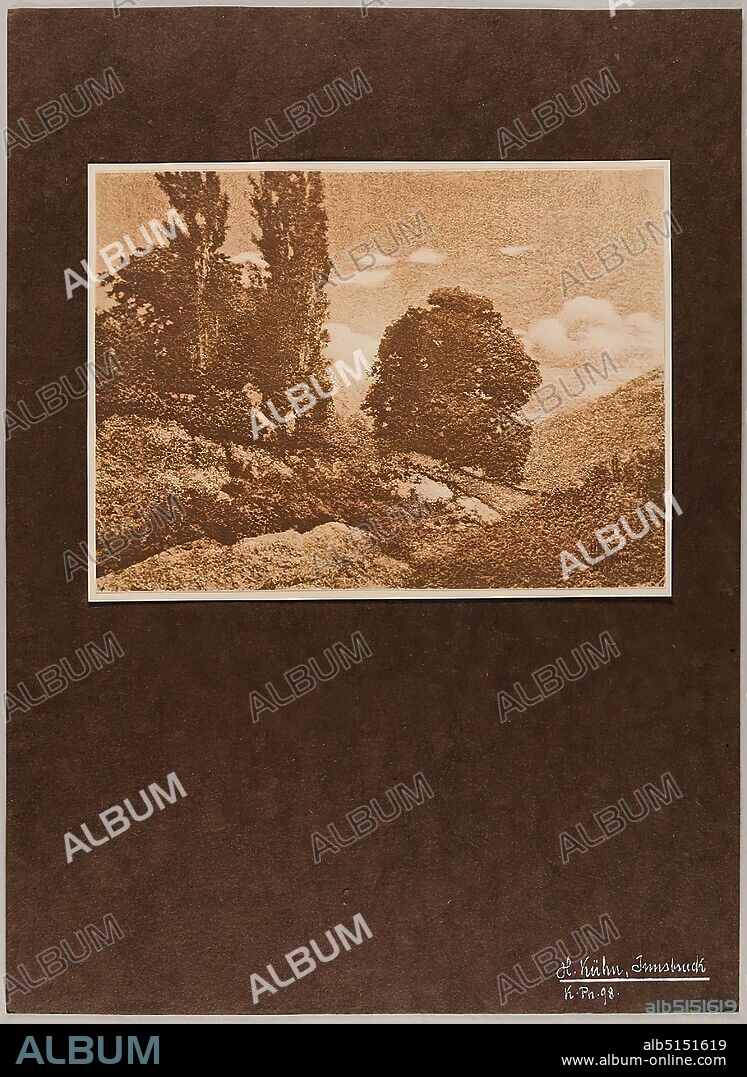 Heinrich Kühn, Landscape, paper, heliogravure, image size: height: 14,40 cm; width: 19,60 cm, inscribed: recto: u. r. on the picture carrier (brown cardboard) in white ink: H. Kühn. Innsbruck, K. Ph. 98, inscribed: im Druckträger: u. r. Heinrich Kühn, stamp: verso below: Stempel Sammlung Juhl and Stempel Lehrsammlung der Staatlichen Landesbildstelle Hamburg, both with the stamped or handwritten indication of the eh. Location (cabinet/box), artistic photography, landscape photography, ideal landscapes, clouds, trees, bushes, hilly landscape, heliogravure from Die Kunst in der Photographie, 1898.
