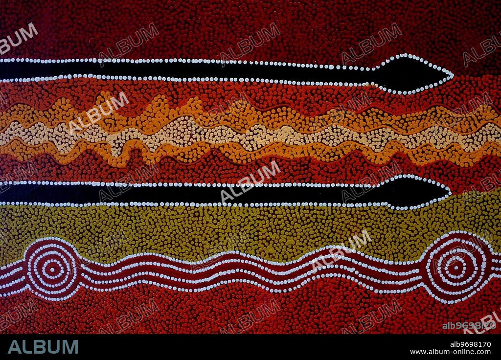 ALICE SPRINGS, NT - MAY 29 2019: Indigenous Australian art Dot painting. It's one of the oldest traditional form of art in the world. Paint marks to tell Aboriginal myths and legends.