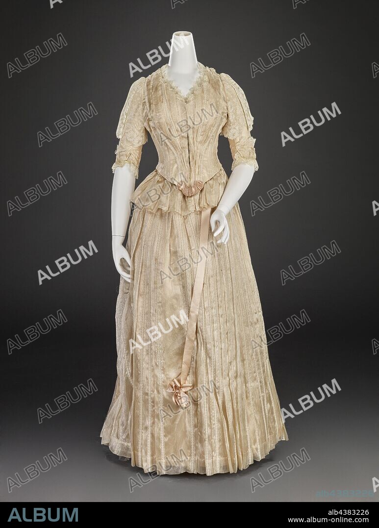 ball gown (bodice, skirt, shawl), Louis Valentin, Dressmaker (American, born Hungarian, about 1859-1937), 1889, silk, lace, A) bodice: center back 31 in., center front 12 in., bust 32 in., waist 23-1/2 in., sleeve length 14-1/2 in., shoulders 11 in. B) skirt: center back 42 in., center front 39-1/2 in., waist 23 in., hips 44 in. C) shawl: 40 x 43 in., A) dress: Label, sewn: Louis Valentin, Boston Label, sewn, black ink: Mary Addison Bybee, Indianapolis Indiana 1889, Textile and Fashion Arts.