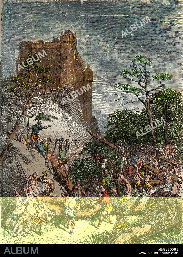 Feodalite in the Middle Ages: Serfs working for the Lord - Engraving by Gustave Dore of the 19th century in  National History illustrated of France from the most ancient times to the present day 1876 - Private collection.