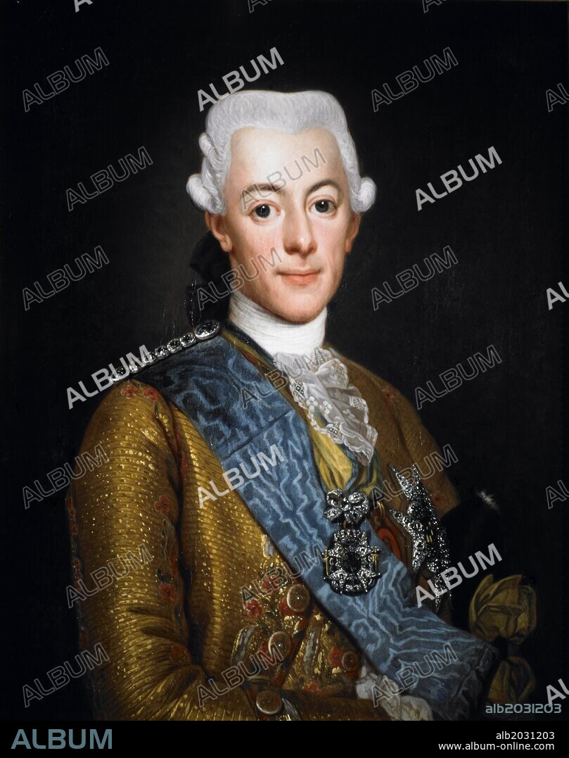 ALEXANDRE ROSLIN. Gustavo III de Suecia 1746-92 Gripsholm Castle, Suecia, 1775, Óleo sobre lienzo, 73 cm  × 59 cm.