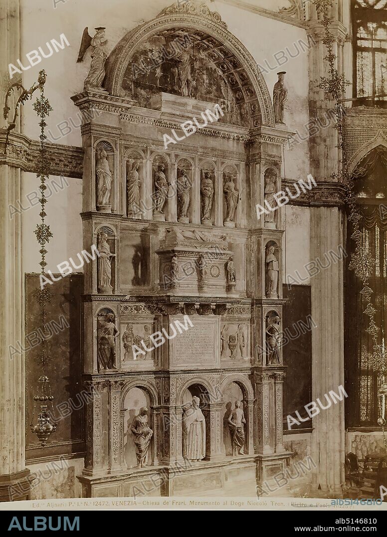 2. Venezia - Chiesa de' Frari. Monumento al Doge Niccolò Tron. (Pietro e Paolo Rizzo?), albumin paper, black and white positive process, image size: height: 25.70 cm; width: 19.70 cm, inscribed: recto: and exposed in the center: P.e I.a N.o 12472. VENEZIA - Chiesa de' Frari. Monumento al Doge Niccolò Tron. (Pietro e Paolo Rizzo?); blue on the box, lower left: Cicu p. 121, after 1473 by Antonio Rizzo, Tron died 1473, stamp: architectural photography, travel photography, church decoration, funerary monument, Venice.