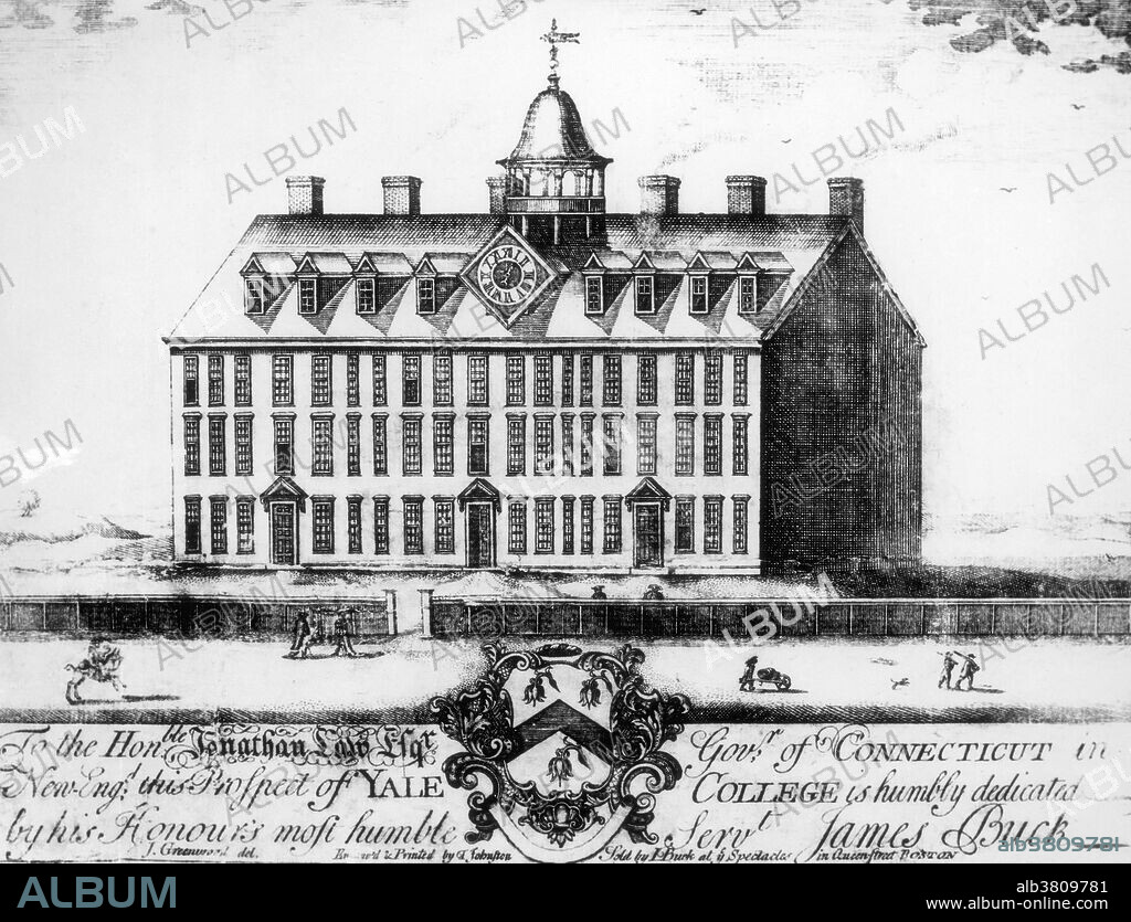 Historical engraving of the first building of Yale College, built in 1718 and torn down due to disrepair in 1782. Bingham Hall now stands in its place. Text reads: "A Prospect of Yale College, to the Hon. Jonathan Law, Governor of Connecticut in New England, is humbly dedicated by his Honor's most humble Serv't, James Buck, sold by I. Buck, and ye spectacles in Queen Street, Boston.".