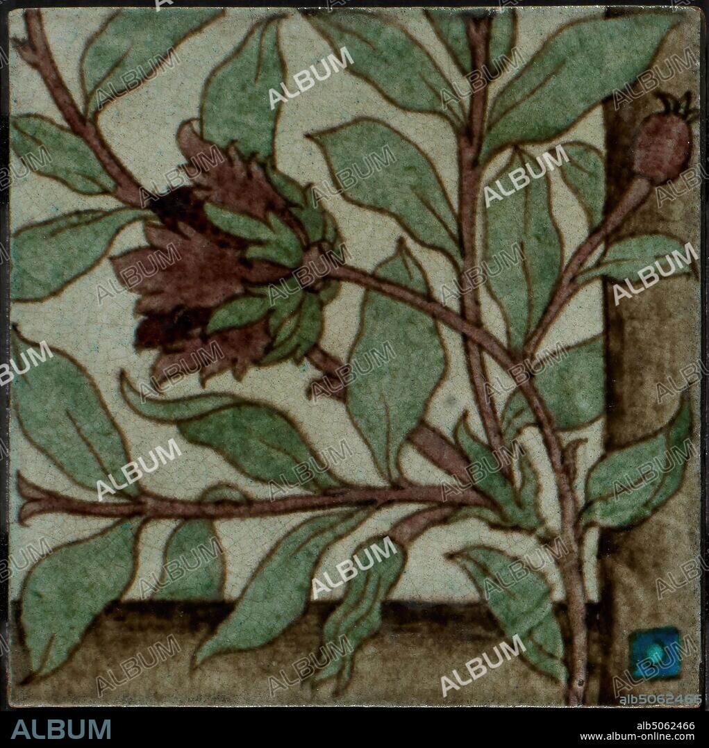 Wall Tile, William de Morgan Collection, 1882-1888 Designer: William de Morgan, Painted or transfer-decorated in 'Persian' colours. Painted to resemble timber fastened with bolt to right side & base. Part of a 2-tile panel., Applied Arts, Arts and Crafts, Flower, Decorative Arts, Tile, Ceramics, Earthenware.