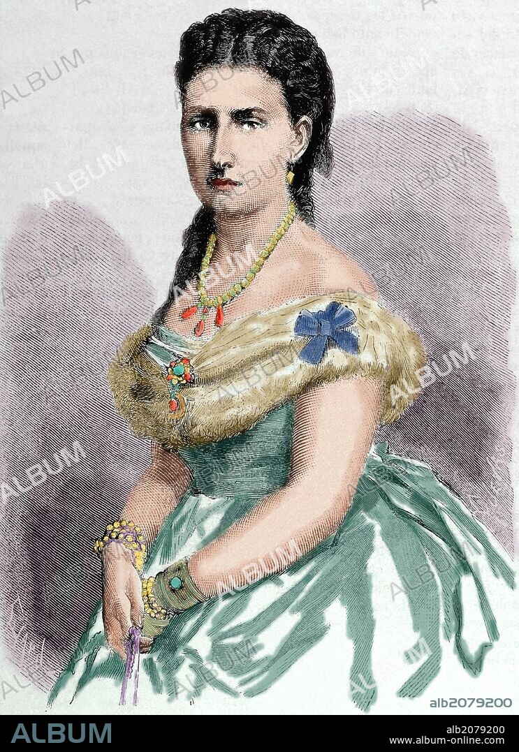 Antonia Infanta de Portugal (o de Braganza). Hija de la reina María II de Portugal y el rey Fernando II de Portugal. Se casó con el príncipe Leopold Hohenzollern. Grabado por Capuz. "La Ilustración Española y Americana", año 1870. Coloreado.