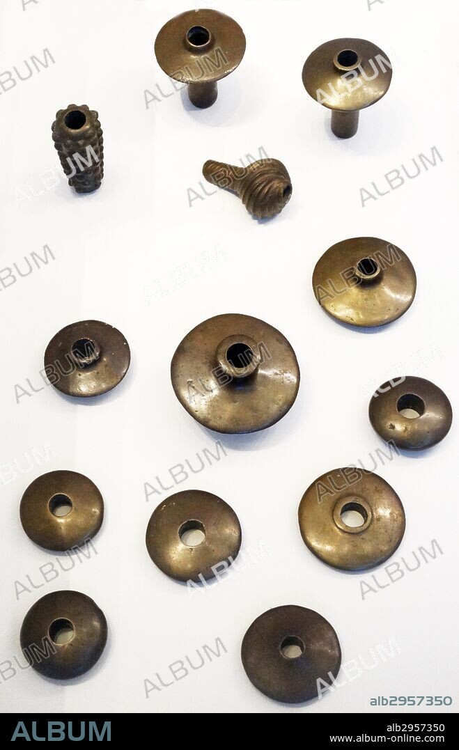 Selection of objects from the En Gedi hoard. Found wrapped in a woven mat in a cave above Nahal Mishmar in the Judean Desert, over 6,500-5,500 years ago. It is thought that the objects belong to the En Gedi sanctuary about 12km away. Made from copper, ivory and stone.