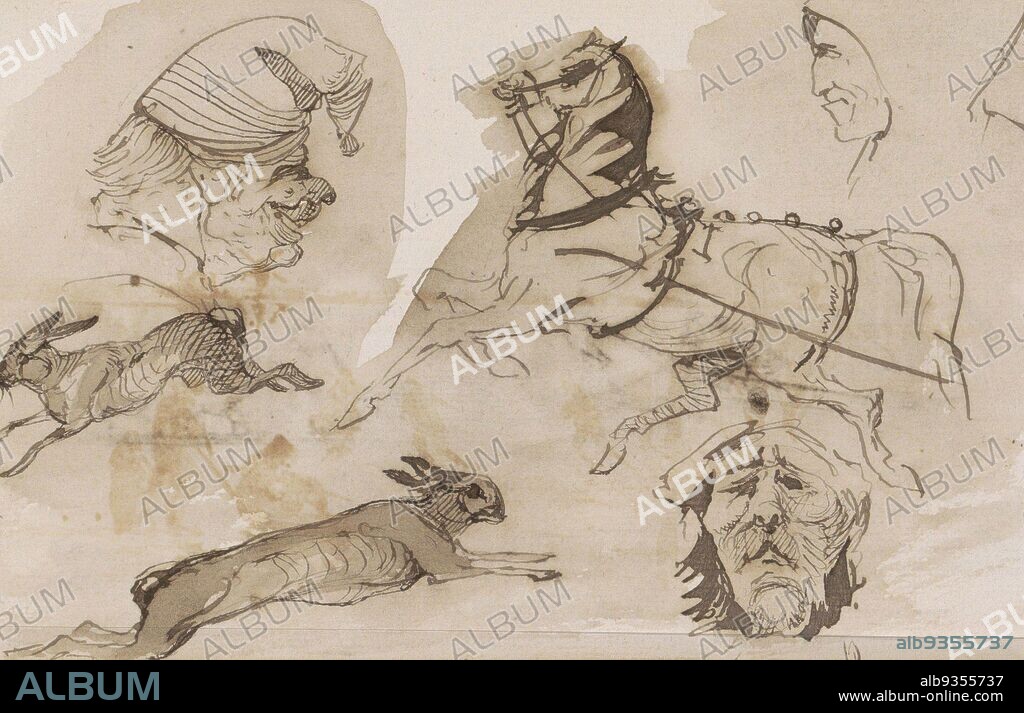 Sheet 64 verso from a sketchbook with 98 sheets, Hare, a horse in gallop and men's heads, Johannes Tavenraat, 1864 - 1880.