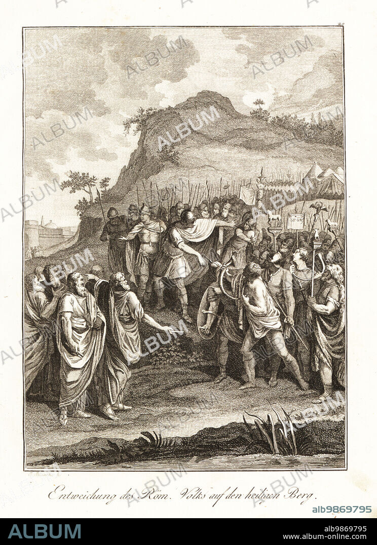 The secession of the Roman plebeians and soldiers to Mons Sacre, 494 BC. Patrician senators negotiate the people's return with a crowd of soldiers and signifers. Retraite du Peuple sur le Mont Sacre. Copperplate engraving by Janos Blaschke after a design by Benjamin Samuel Bolomey from Professor Joseph Rudolf Zappes Gemalde aus der romischen Geschichte, Pictures of Roman History, Joseph Schalbacher, Vienna, 1800. German edition of Abbe Claude Francois Xavier Millots Abrege de lHistoire Romaine.