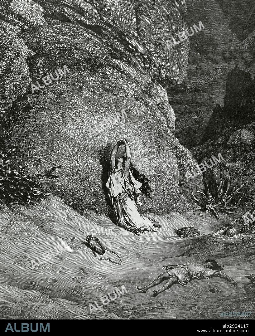 ANTIGUO TESTAMENTO. "AGAR E ISMAEL EN EL DESIERTO". La Biblia. Grabado de Gustave DORE.