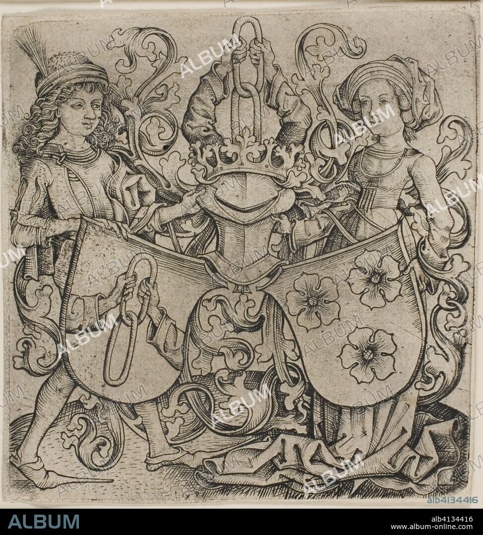 MASTER B X G. Coat of Arms of Rohrbach and Eilge von Holzhausen. Master bxg (German, active ca. 1470-90); after Master of the Housebook (German, active c. 1470-1500). Date: 1470-1485. Dimensions: 96 × 92 mm (plate); 99 × 93 mm (sheet). Engraving in black on buff laid paper. Origin: Bayern.