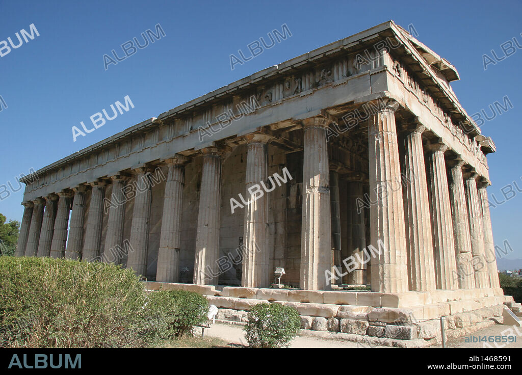 Greek Art. Temple of Hephaestus or Theseion. The doric temple, which stands at the western end of the Agora, on the hill of Agoraios Kolonos. Erected by the architect Ictinos (449-415 B.C.). Agora of Athens. Attica. Greece. Europe.