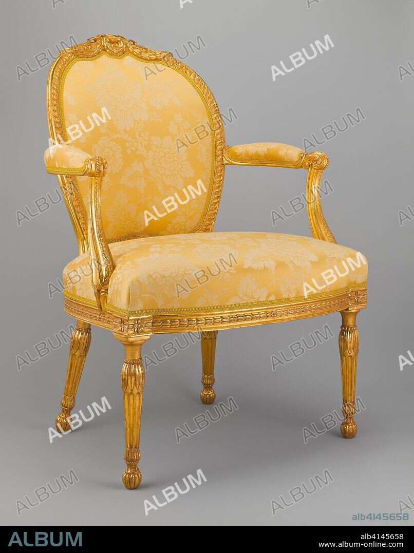 THOMAS CHIPPENDALE I. Armchair. Attributed to Thomas Chippendale; English, 1718-1779; London, England. Date: 1770-1775. Dimensions: 96.5 × 67.3 × 73.7 cm (38 × 26 1/2 × 29 in.). Giltwood and modern upholstery. Origin: England.