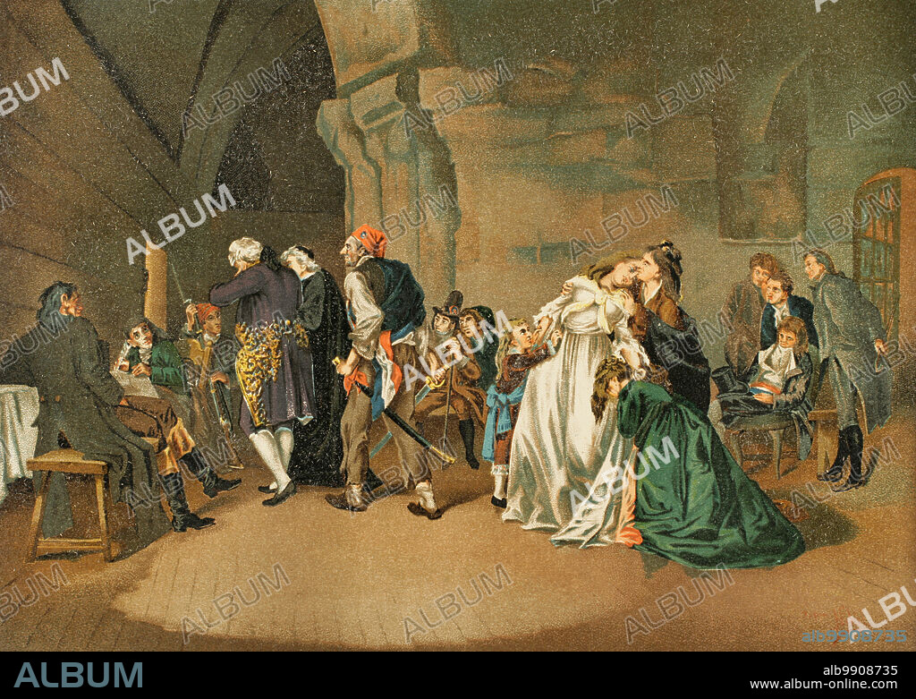French Revolution. The parting of King Louis XVI and Marie Antoinette, 1792. Both were tried and executed in 1793, during the Reign of Terror. Chromolithography. "Historia Universal", by César Cantú. Volume X, 1881.