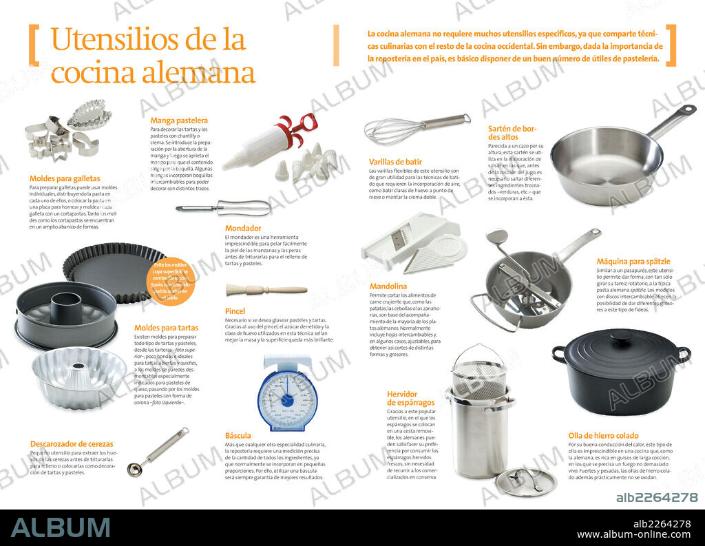 German cooking utensils. Infographics about the most common utensils in German cuisine, including a wide range of tools for bakery.