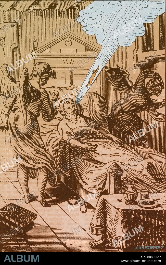 "As the soul of a dying man is breathed out of his body, angels and demons fight for control of it; for many peoples the soul is not merely a function of the living body but is capable of survival after death." drawing and quote from De Plancy's Dictionnaire Infernal, 1835.