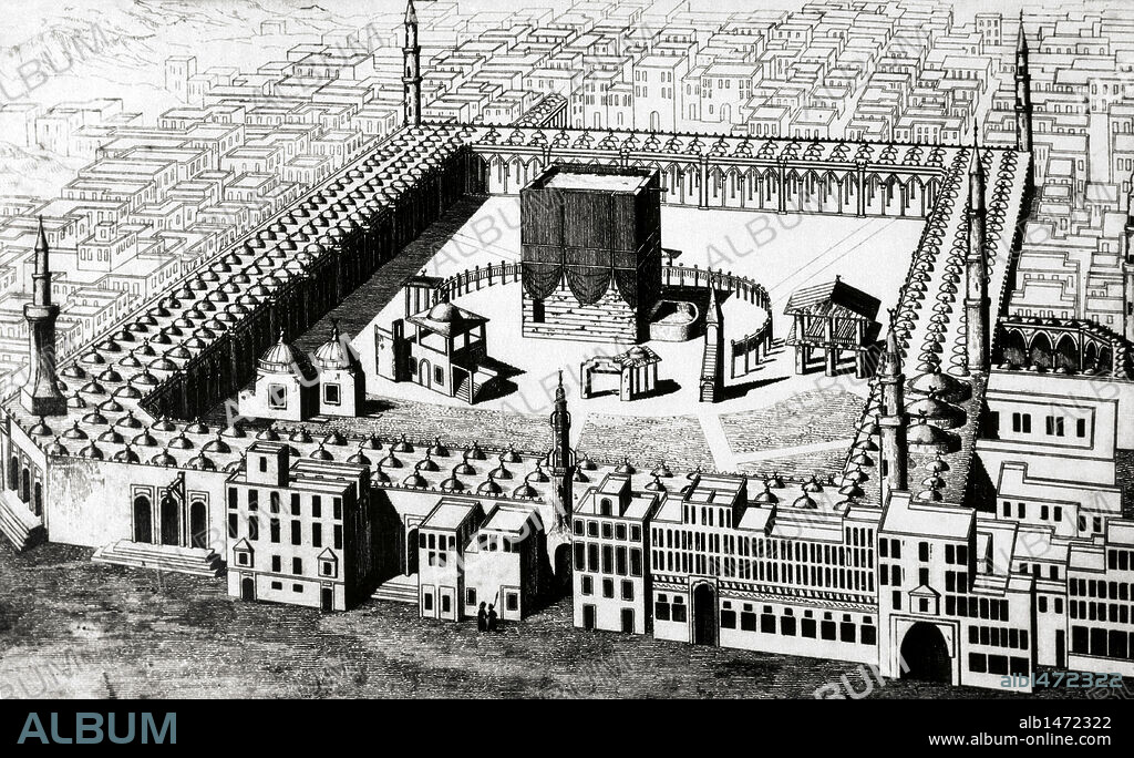The Kaaba in Mecca, the most sacred site in Islam. Saudi Arabia. Engraving. 19th century.
