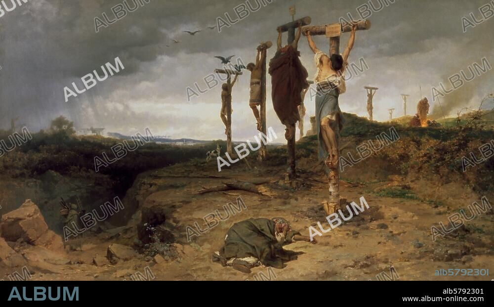 FEODOR ANDREJEWITSCH BRONNIKOW. Execution / Crucifixion. "Site of Horror". (site of execution with the crucified in Ancient Rome). Painting, 1878, by Feodor Andreyevich Bronnikov (1827-1902). Oil on canvas, 122.5 × 210.5cm. Inv. no. 1802. Moscow, Tretjakov Gallery.