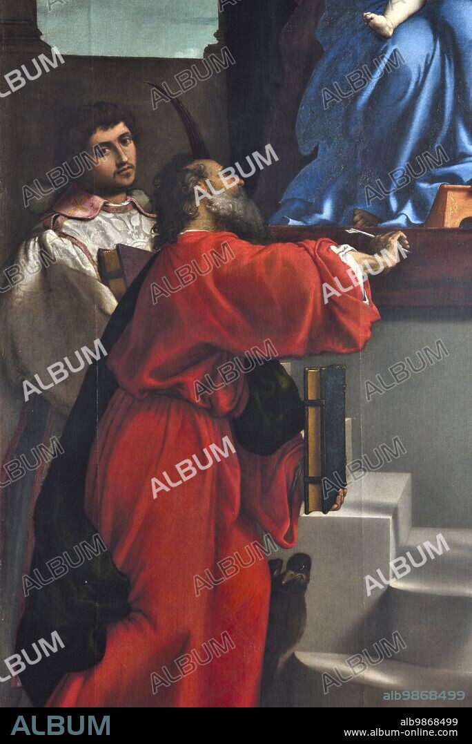 Ancona (Italy, Marche), Podesti Civic Art Gallery. Lorenzo Lotto, Altarpiece of the Halberd (Madonna and Child, Saints Stephen, Lorenzo, Giovanni E., Simone Guda, in the lunette the Holy Spirit), 1539.