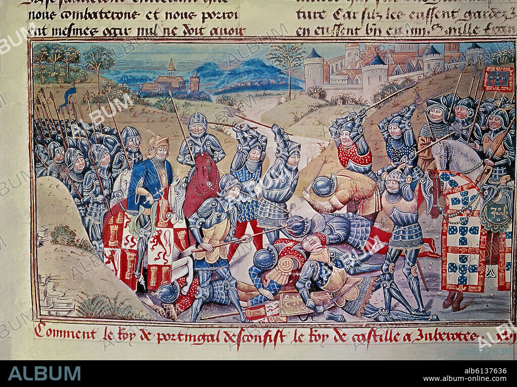 MINIATURA DE LA BATALLA DE ALJUBARROTA (1385)  ENTRE JUAN I DE PORTUGAL Y JUAN I DE CASTILLA.