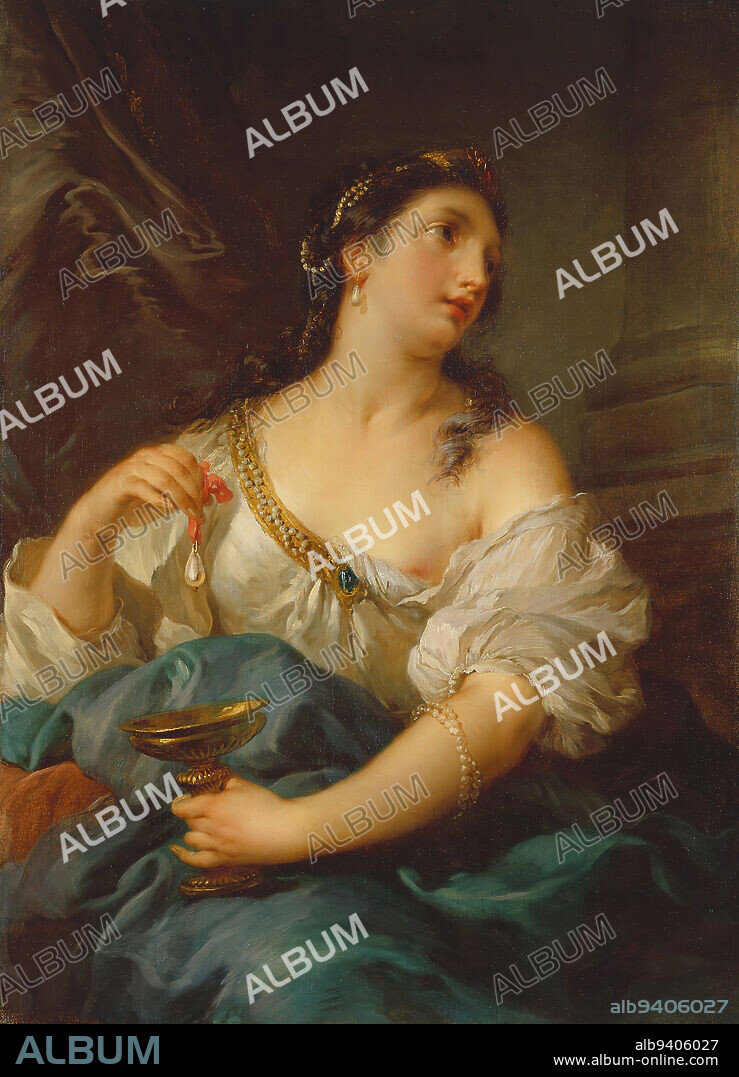 Cleopatra, c. 1725, François Lemoyne, French, 16881737, 40 1/2 x 29 1/4 in. (102.87 x 74.3 cm) (canvas)44 5/8 x 33 x 2 1/2 in. (113.35 x 83.82 x 6.35 cm) (outer frame), Oil on canvas, France, 18th century, Cleopatra was the last great pharaoh of Egypt. She was capable of intrigue, murder, military action, and all manner of power plays. Becoming first the lover of Julius Caesar and then of Mark Antony (Roman politician and general), she gave enduring meaning to the term 'foreign affairs.' Cleopatra and Mark Antony reportedly continued their playful flirtations even after marrying. The story goes that she bet Mark Antony that she could spend ten million sestertii, which amounts to about 55,000 pounds of silver or well over ten million dollars, on a single meal. She served very simple dishes, and he scoffed at her effort. Then she ordered a second course, a single cup of strong vinegar. Cleopatra took a huge, fabulously valuable pearl and dropped it in the cup. The pearl dissolved, and she drank it down.