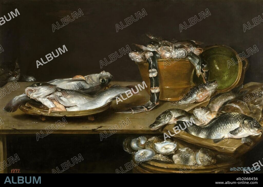 ALEXANDER VAN ADRIAENSSEN. Alexander Adriaenssen / 'Still Life with Fish, Oysters and a Cat', First half 17th century, Flemish School, Oil on panel, 60 cm x 91 cm, P01341.