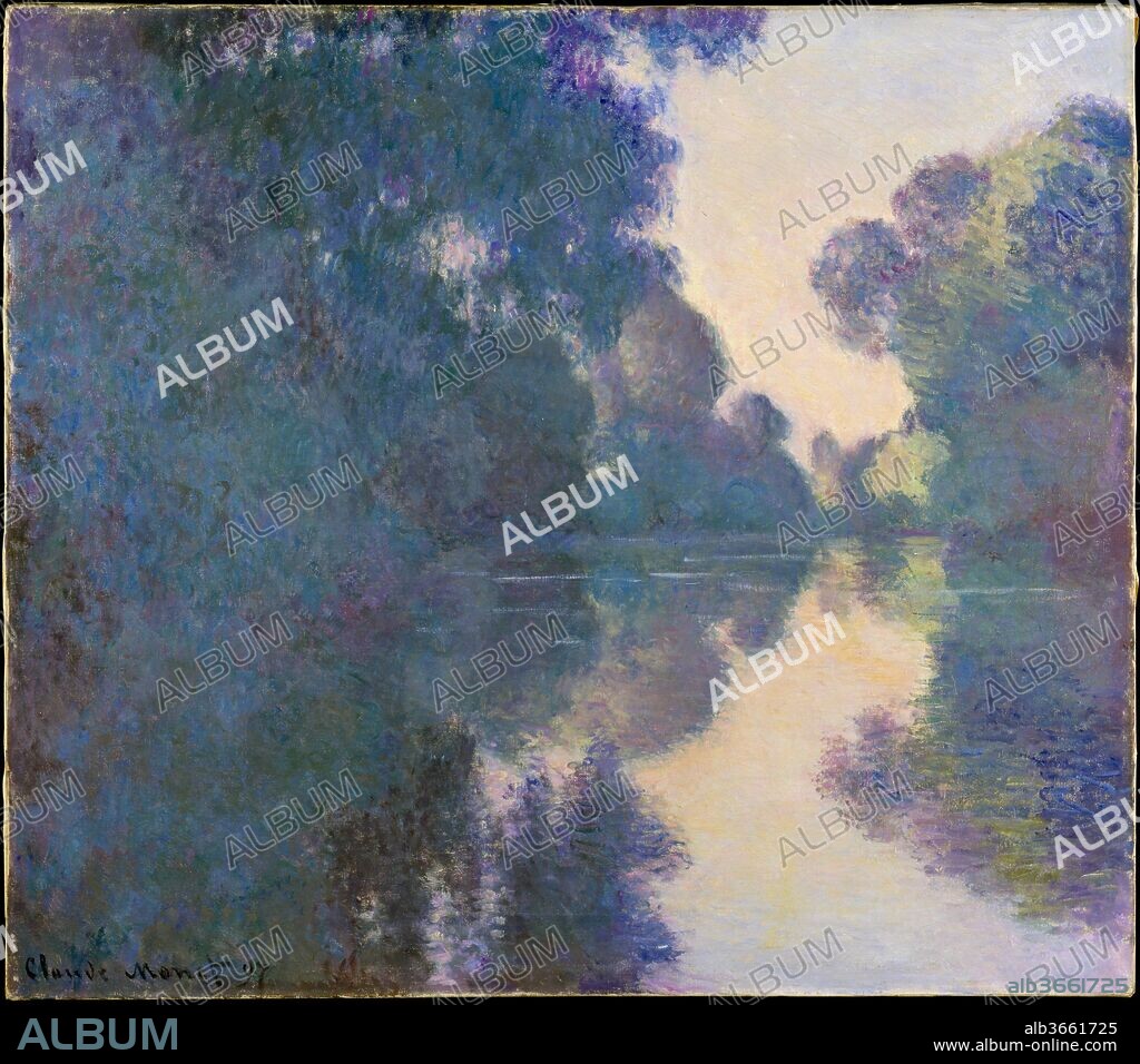 Morning on the Seine near Giverny. Artist: Claude Monet (French, Paris 1840-1926 Giverny). Dimensions: 32 1/8 x 36 5/8 in. (81.6 x 93 cm). Date: 1897.
Begun in 1896, Monet's Mornings on the Seine series was not completed until 1897 because of inclement weather. Having patiently scouted out views along the river, Monet then painted the pictures from a boat that he had converted into a floating studio. For an extended period he rose by dawn in order to paint the changing effects of light as the sun came up. He then lined up the canvases on easels in his studio to complete them together as a series. Fifteen were shown at the Galerie Georges Petit in 1898.
