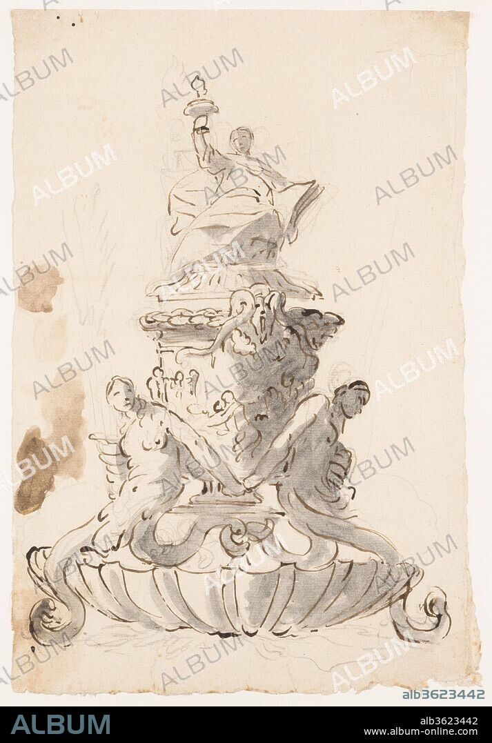 Study for an Inkstand. Artist: Giovanni Battista Tiepolo (Italian, Venice 1696-1770 Madrid). Dimensions: 17 11/16 x 12 3/16 in.  (45 x 31 cm). Date: ca. 1740-45.
The celebrated Venetian painter, etcher, and draftsman Giambattista Tiepolo is best known for his theatrically painted ceilings. This sheet represents a lesser known side of Tiepolo's production: his designs for metalwork. Formerly identified as a study for a fountain, this drawing is now thought to represent a design for an inkstand, possibly in silver, viewed slightly from below and to the left of its central axis. Two goose quill pens emerge from conical shell holders behind the two figures of mermaids, whose tails serve as support stands for the object. The central figure, holding a torch and a book, represents Sapienza, or knowledge. The drawing probably dates to the 1740s, when the artist produced other designs for silver.