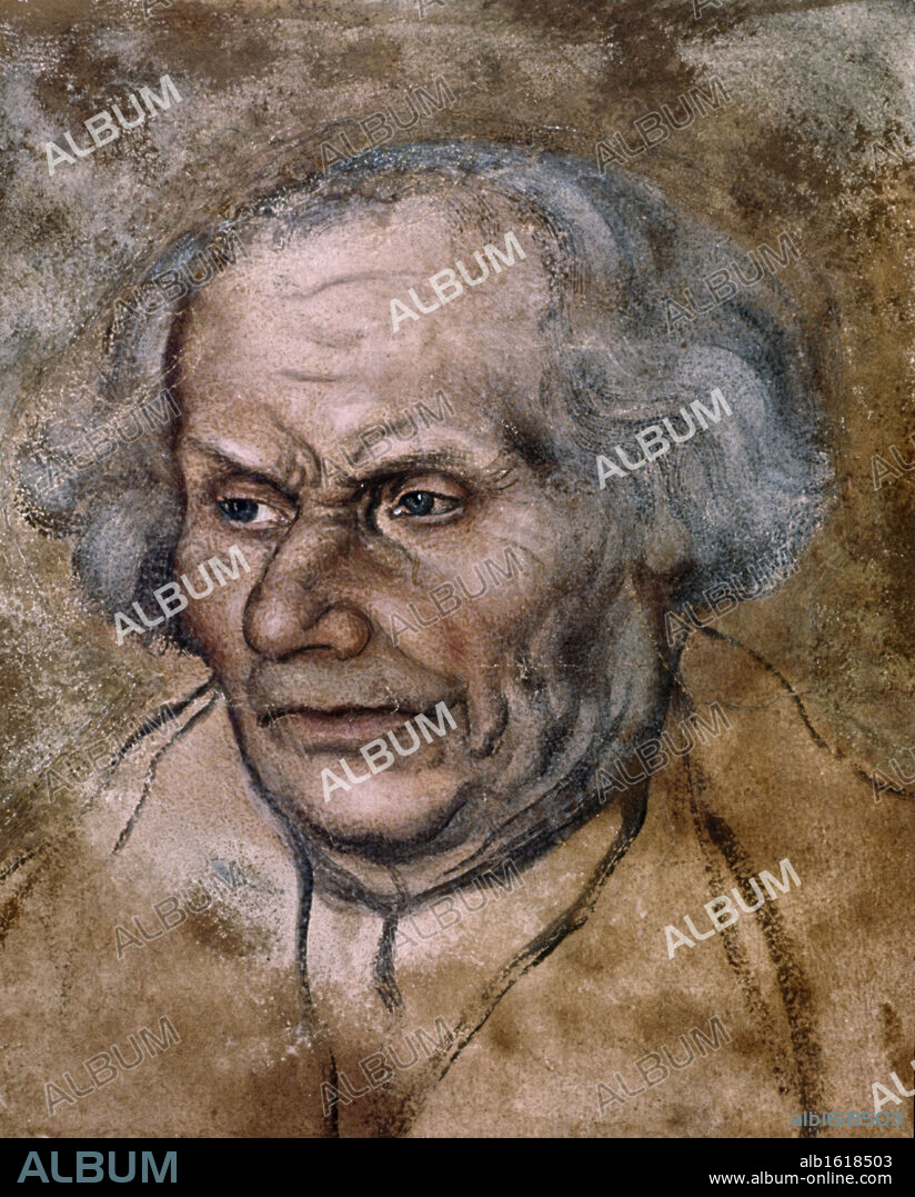 LUCAS CRANACH EL VIEJO. Lucas Cranach, el viejo (1472-1553). Hans Luther, padre de Martin Lutero, 1527. Dibujo. Alto x Ancho: 19.6 x 18.2 cm; hoja: 21.8 x 18.2 cm. Graphische Sammlung Albertina, Vienna, Austria.