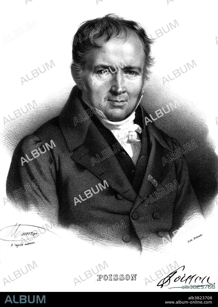 Simeon Denis Poisson (1781-1840), French mathematical physicist. Poisson was born at Pithiviers and educated at Paris in the Ecole Polytechnique. His first mathematical papers were published before he graduated. His work in electricity and magnetism formed the basis of mathematical physics. Poisson developed equations for use in electrostatics, particularly with regard to the force exerted by the charge on the surface of a conductor and the distribution of charge on a sphere. He also worked on theories of heat and elasticity. Studying probability theory, Poisson developed the binomial distribution that is named after him. He also made major contributions to celestial mechanics by extending the work of Lagrange on the stability of planetary orbits. This image has been color-enhanced.