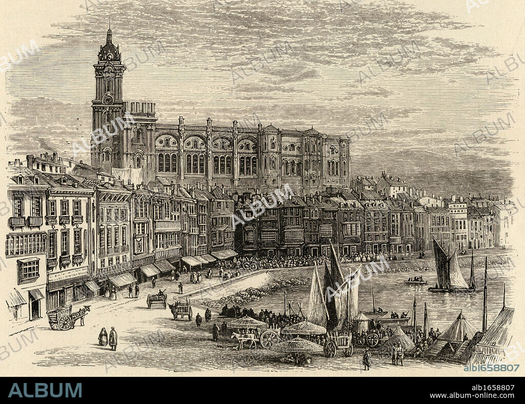 Malaga, Spain. Port, Quay and Cathedral. From the book "Spanish Pictures" by the Rev Samuel Manning, published 1870.