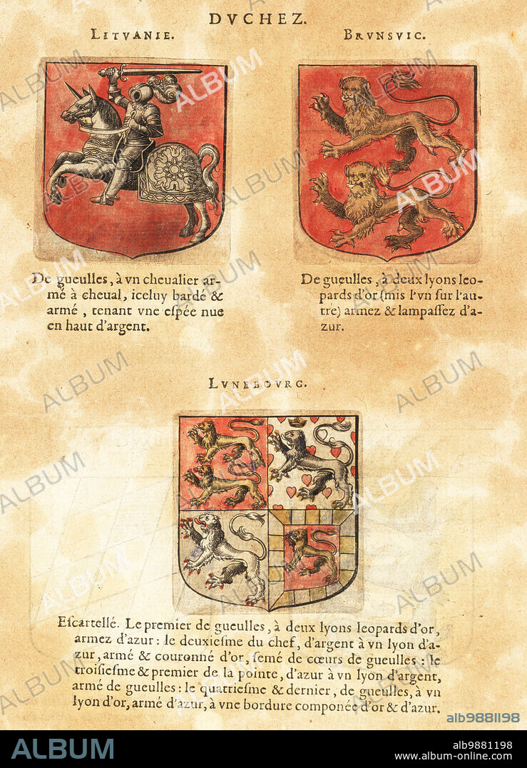 Coat of arms of the Duchy of Lithuania with vytis or knight in armour on horseback, Brunswick with two lions, and Lunenberg with lions quartered. Duchez: Lituanie, Brunsvic, Lunebourg. Handcoloured woodblock engraving from Hierosme de Baras Le Blason des Armoiries, Chez Rolet Boutonne, Paris, 1628.