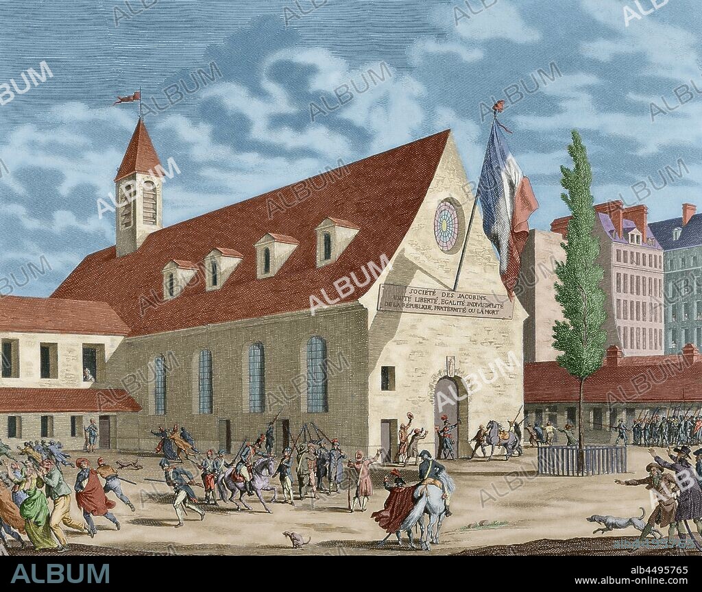 Revolución Francesa (1787-1799). La reacción termidoriana (1794-1799). Clausura del Convento de los Jacobinos, en la calle Saint-Honoré de París, el 27 de julio de 1794. Grabado de la época. Coloreado.