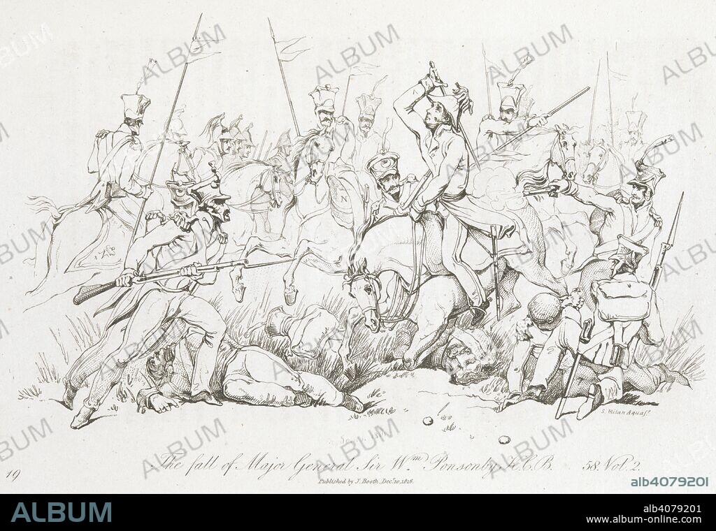 CHARLOTTE ANNE EATON y CAPTAIN GEORGE JONES. The fall of Maj.Gen. Sir. W.Ponsonby, K.C.B. The Battle of Waterloo, also of Ligny and Quatre-Bras described by ... a near observer ... [A narrative by C. A. Eaton, with a sketch by J. Waldie... from sketches by Captain G. Jones. 2 vol. John Booth; T. Egerton: London, 1817. Source: G.5651 par 2, plate 19, opposite page 58.