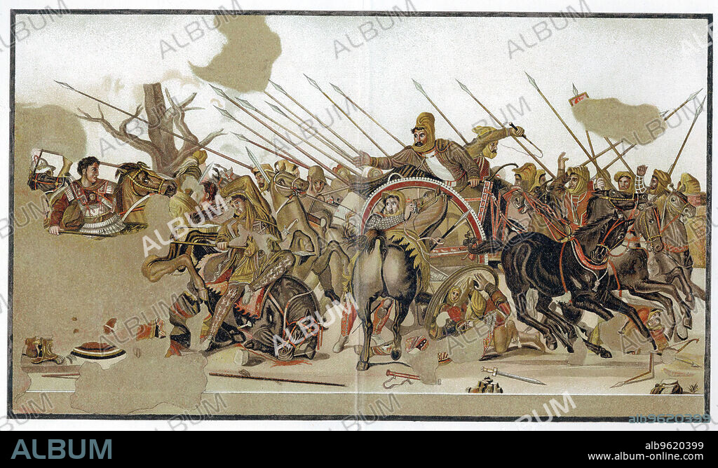 Battle of Issus, 333 BC, (1st century AD). Alexander The Great (356-323BC), seen here at far left, defeating the forces of the Persian king Darius III at Issus in Cilicia, (now southern Anatolia). Illustration after a Roman mosaic discovered at Pompeii based on a picture by an Alexandrian artist. The city of Pompeii was destroyed in 79 AD.