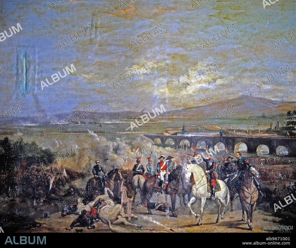 JOSE MARIA RODRIGUEZ DE LOSADA. BATALLA DE ALCOLEA . DISPUTADA CERCA DE CORDOBA EN 1868. REINADO DE ISABEL II. OLEO DE J . M . RODRIGUEZ LOSADA. GENERAL SERRANO Y MARQUES DE NOVALICHE. ACADEMIA DE LA HISTORIA . MADRID.