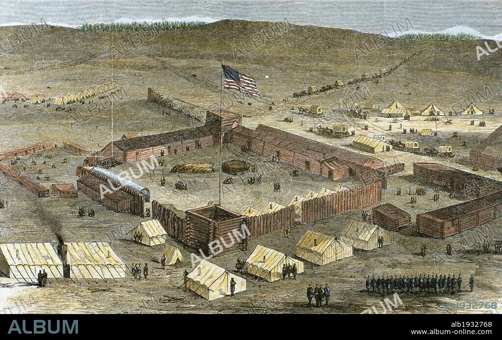 HISTORIA DEL OESTE AMERICANO. Siglo XIX. CAMPAMENTO DE PROVISIONES en el Territorio Indio, durante la época de guerras indias. El FUERTE estaba emplazado en la bifurcación norte del río Canadá. Grabado coloreado del S. XIX.
