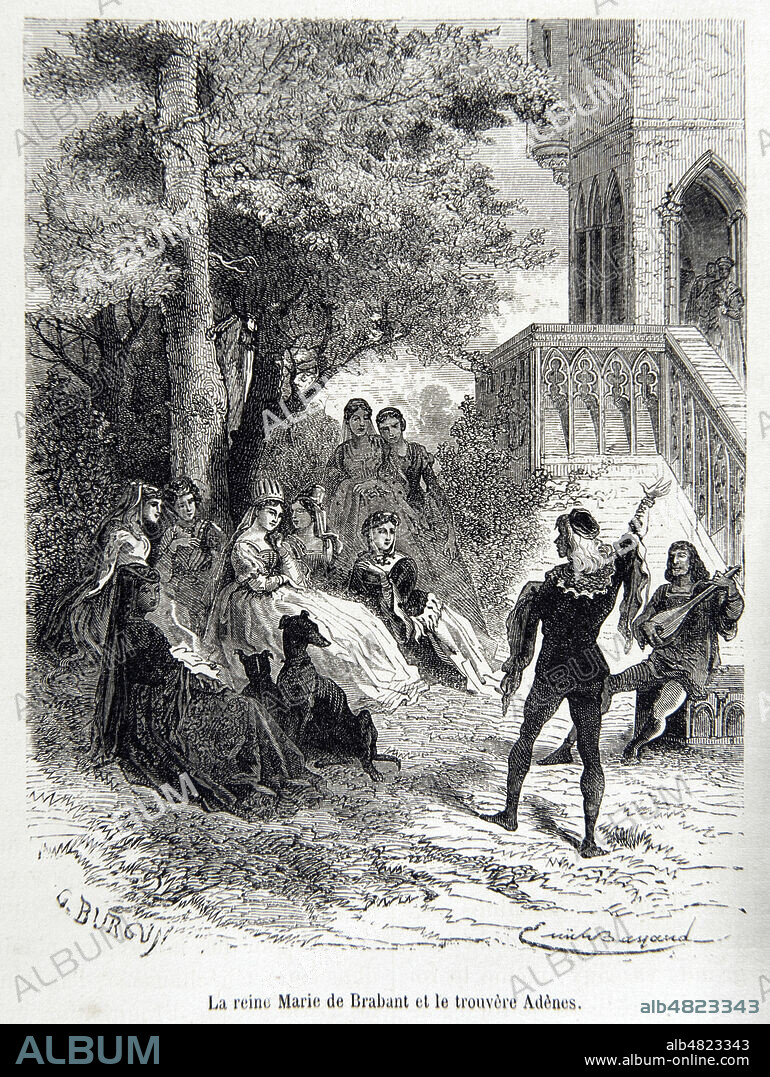'La reine Marie de Brabant (1254-1321) et le trouvere Adenes'. Illustration par E. Bayard (1837-1891) pour l'Histoire de France populaire d'Henri Martin (1810-1883), edition vers 1870. Credit : Collection Grob/KHARBINE-TAPABOR.