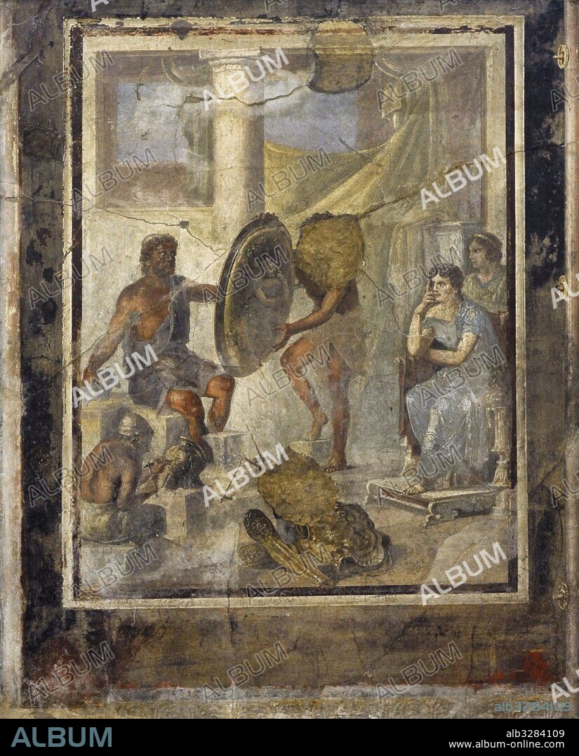 El Escudo de Aquiles: Tetis espera en la forja de Hefesto las armas de su hijo Aquiles. Fresco romano del tercer cuarto del siglo I. Provienen del triclinium de la casa IX, I, 7 de Pompeya. Museo Arqueológico Nacional. Nápoles. Italia.