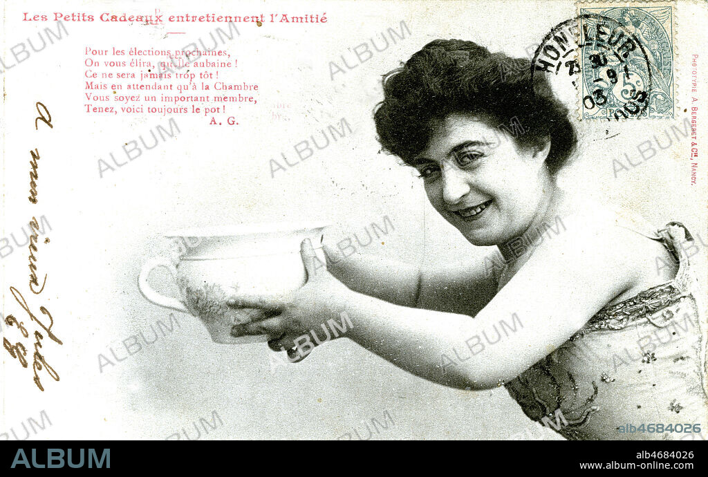 Les petits cadeaux entretiennent l'amitie. Carte postale caricaturant la corruption des deputes (Pot de chambre - Chambre des Deputes - Pot de vin) par Albert BERGERET (1859-1932). Envoi de 1903. Credit : Jean Vigne/KHARBINE-TAPABOR.