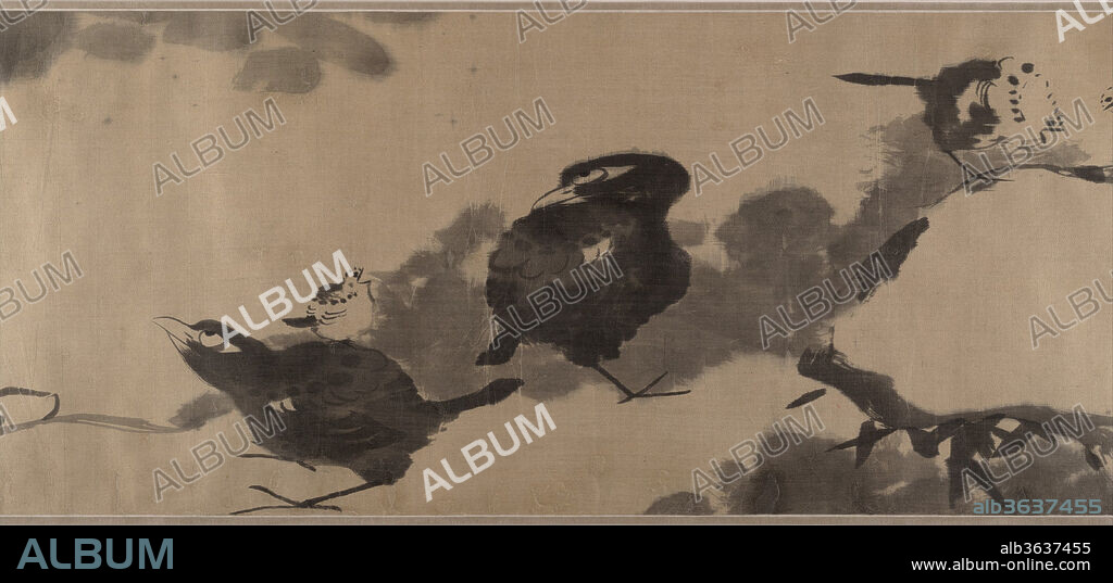Birds in a lotus pond. Artist: Bada Shanren (Zhu Da) (Chinese, 1626-1705). Culture: China. Dimensions: 10 3/4 x 80 3/4 in. (27.3 x 205.1 cm). Date: ca. 1690.
Focusing on a narrow band of the natural world, Birds in a Lotus Pond, datable stylistically to about 1690, shows the artist boldly experimenting with the highly absorbent medium of satin to create a daring composition of saturated ink lines and dots starkly set against a blank background. The scroll opens with the daringly abstract form of a torn lotus leaf that is precariously suspended from its bent stalk, which extends leftward above a cluster of half-hidden blossoms. The black leaf stands in contrast to a stark white boulder, defined only by its ink outline. Two fluffy chicks perch atop this boulder, apparently oblivious to their surroundings. On the shore beyond crouch two mynahs, their glances directed upward toward a final lotus leaf that looms above them. Balanced on the back of the second mynah is another tiny chick, its beak open in song or hunger.
The birds appear to personify the interaction of dark and light that animates the entire composition; the human-like expressions with which Bada has imbued them adds an unsettling quality to the already enigmatic composition.