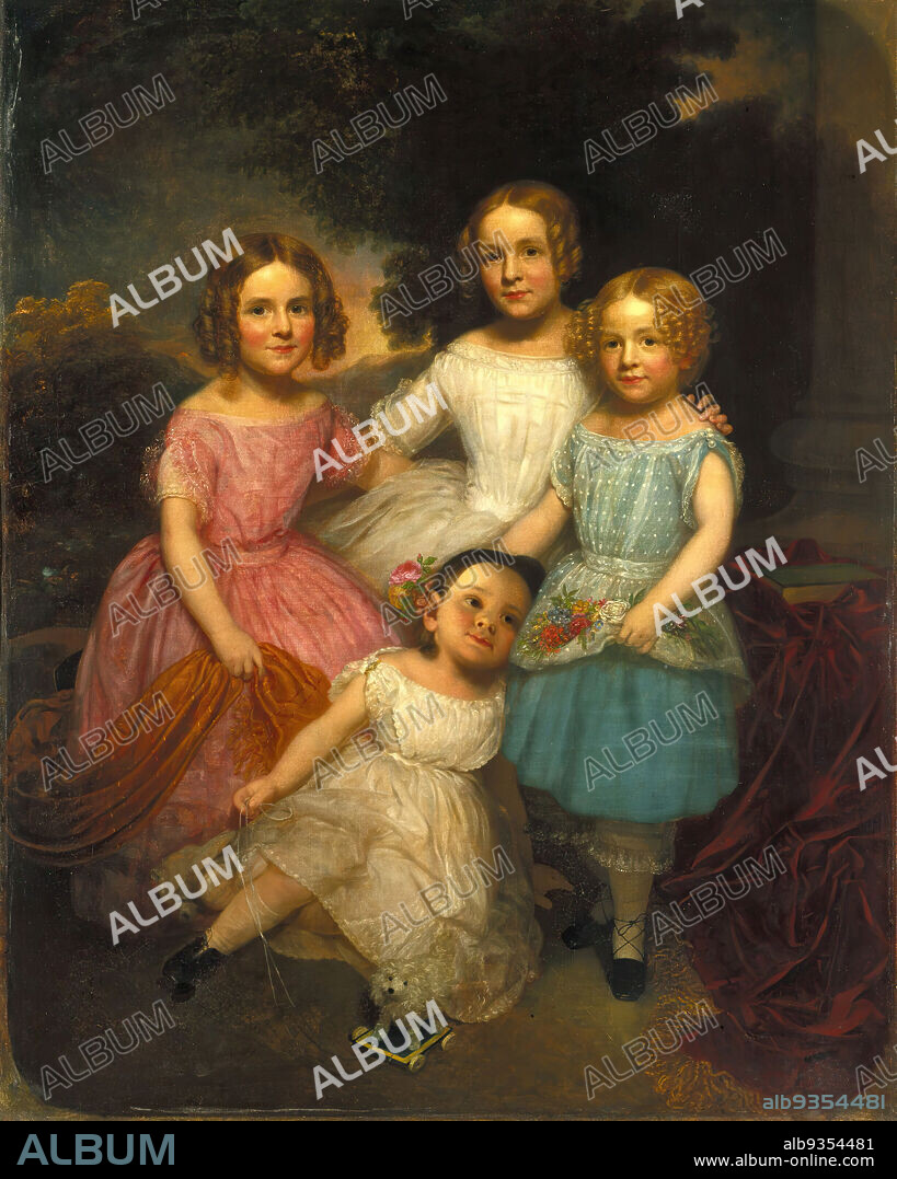 Adrian Bancker Holmes Children, Charles Wesley Jarvis, American, 1812-1868, Oil on canvas, United States, ca. 1850, 60 1/4 x 48 1/16 in., 153 x 122 cm, Adrian Baucker Holmes Children, blue, ca. 1850, childer, children, colorful, curls, daughters, dresses, family, girls, oil, painting, pink, portrait, siblings, smiling, toy, wesley, white, young, youth.