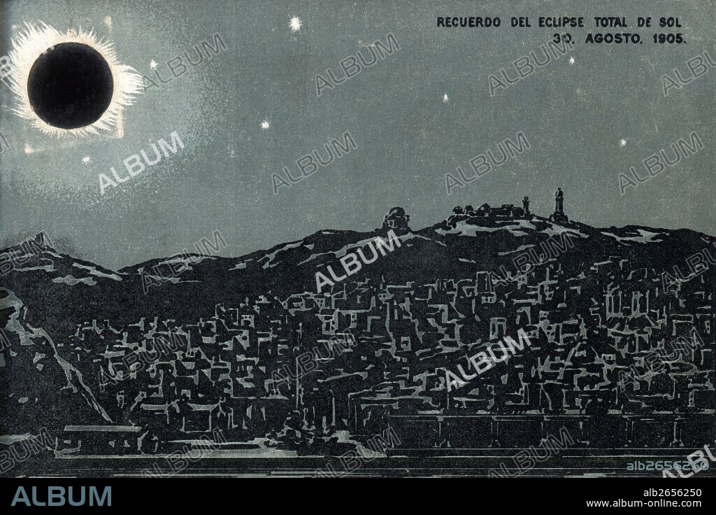 Barcelona. Tarjeta postal, recuerdo del eclipse total de sol del 30 de agosto de 1905. Dibujo de la montaña del Tibidabo y el Observatorio astronómico Fabra. Años 1910.