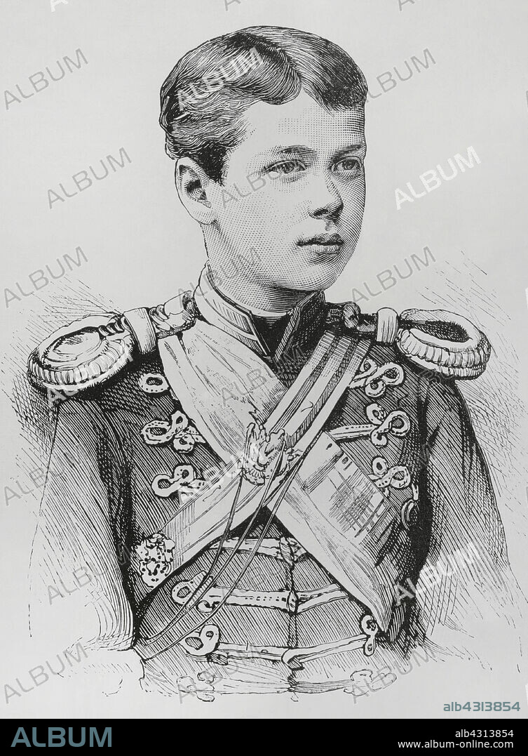 Nikolái Aleksándrovich Románov (1868-1918). Last Tsar of Russia (1894-1917) as Nicholas II. He came of age on 18 May 1884. Portrait. Engraving. La Ilustración Española y Americana (The Spanish and American Illustration), June 8, 1884.