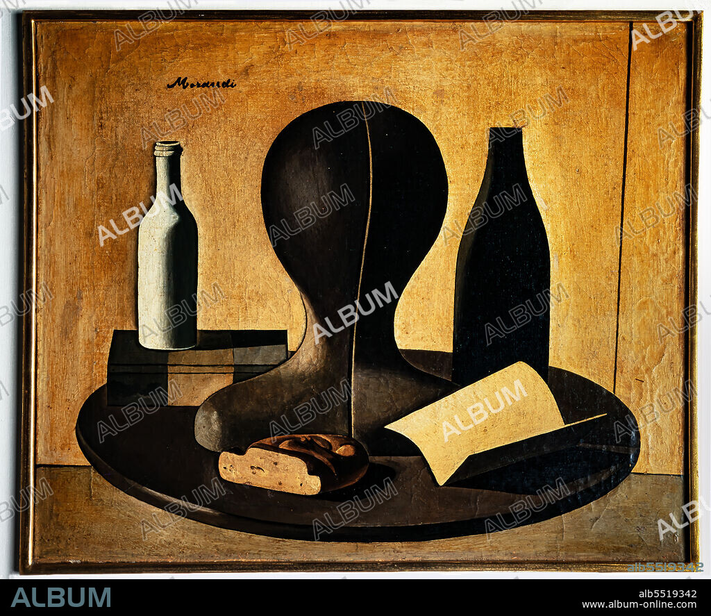 "Still life with mannequin", by Giorgio Morandi, oil painting on canvas, post 1919.